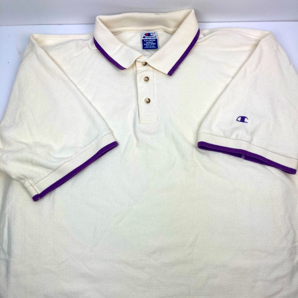 Vintage Champion Polo Shirt Cream and Purple XXL